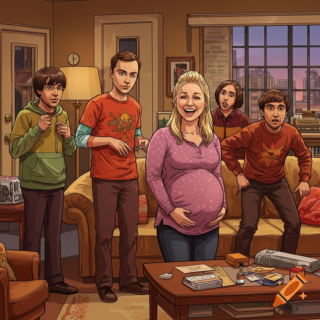 Cartoon illustration of a pregnant Penny smiling, surrounded by Leonard, Sheldon, Howard, and Raj in their living room.