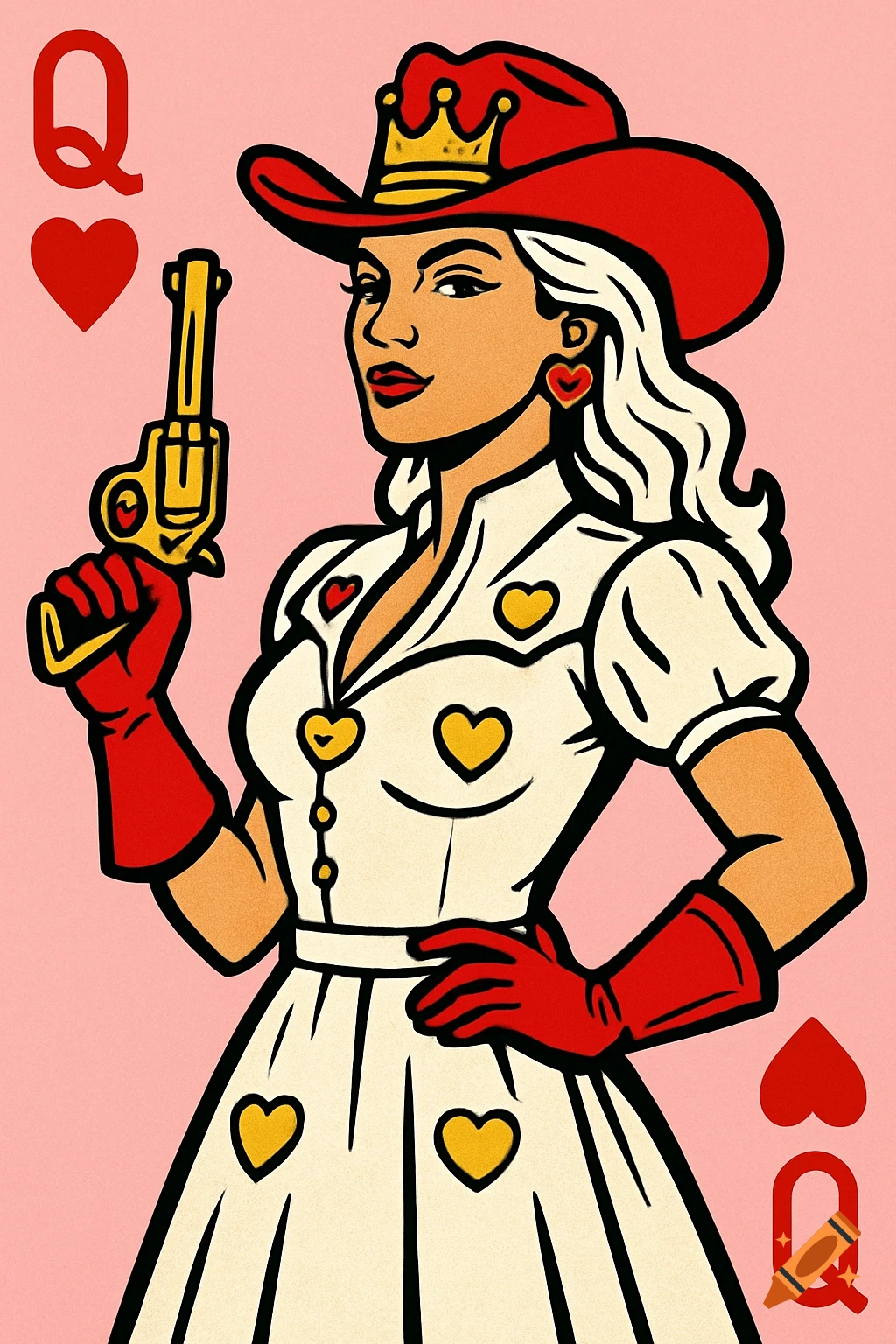 Pop art illustration of a Queen of Hearts cowgirl with platinum blonde hair, red hat, white dress with heart accents, holding a golden revolver. She stands proudly against a pink background with a 'Q' and heart symbol.