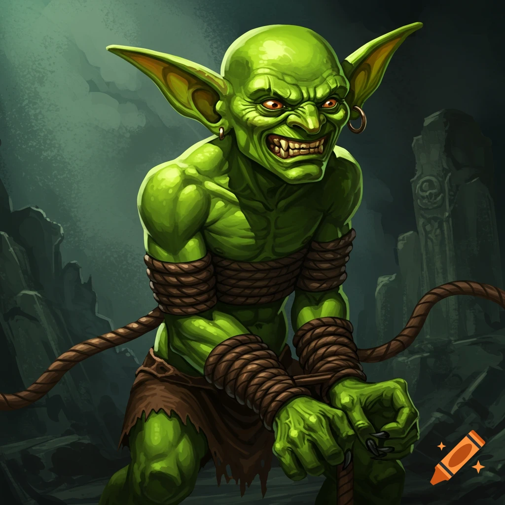 A snarling green goblin with its arms and torso bound by thick ropes, standing in a dark fantasy setting with ruins.