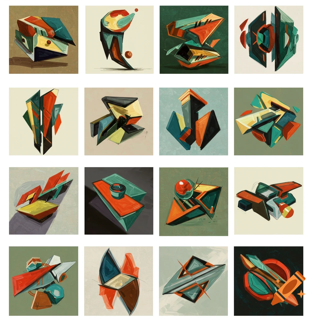 A grid of 16 unique abstract geometric symbols with painterly textures, featuring sharp angles and contrasting colors like teal, orange, and red.