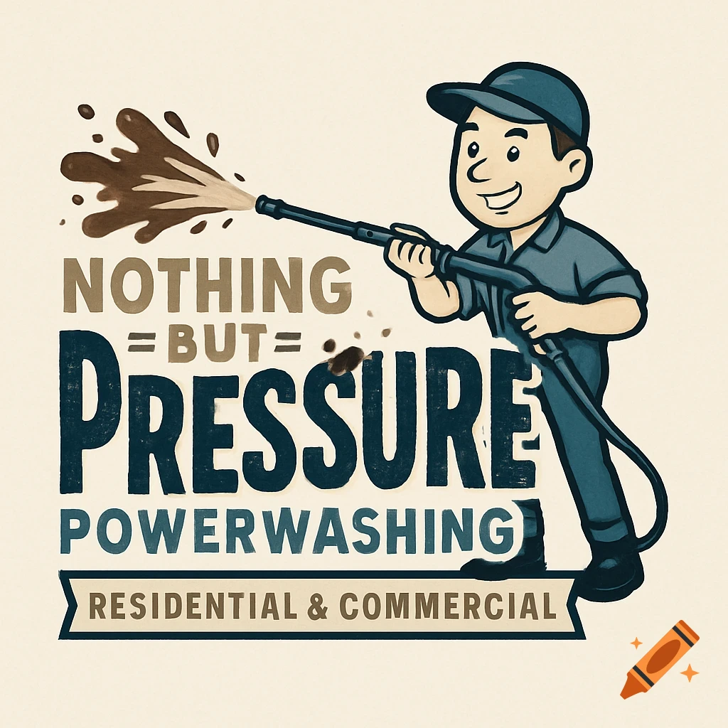 Retro cartoon logo of a man powerwashing mud off text. Reads: NOTHING =BUT= PRESSURE POWERWASHING RESIDENTIAL & COMMERCIAL.