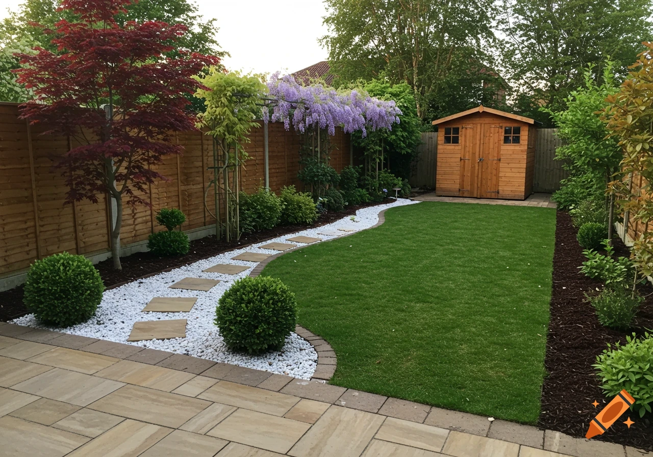 A beautifully landscaped backyard garden with a green lawn, curved gravel path, flowering wisteria pergola, red Japanese maple tree, and wooden shed.