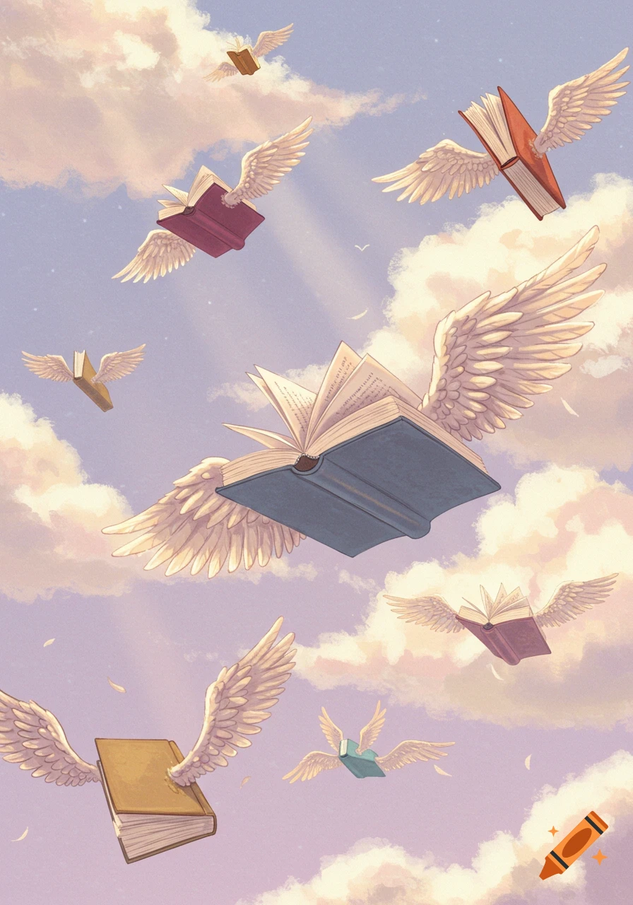 Multiple open and closed books with white wings fly gracefully through a dreamy, pastel-colored sky filled with soft clouds and sunbeams.