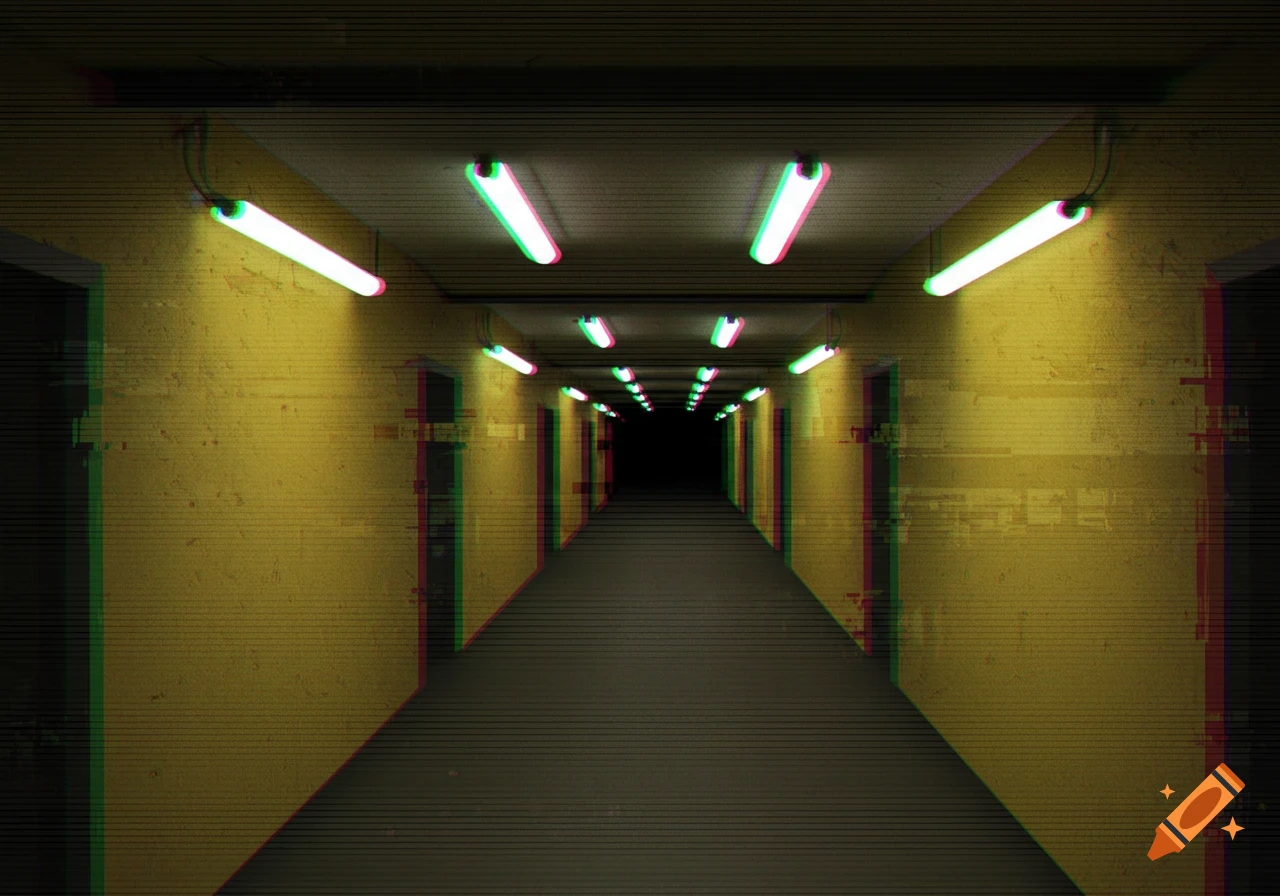 A long, dark, distorted corridor with yellow walls and flickering fluorescent lights, resembling a glitching VHS tape.