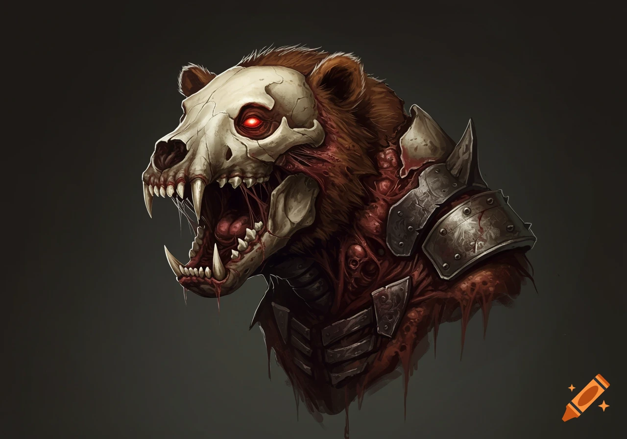 A close-up illustration of a grotesque mutated bear monster with a skull for a face, red glowing eyes, exposed flesh, and metal armor.