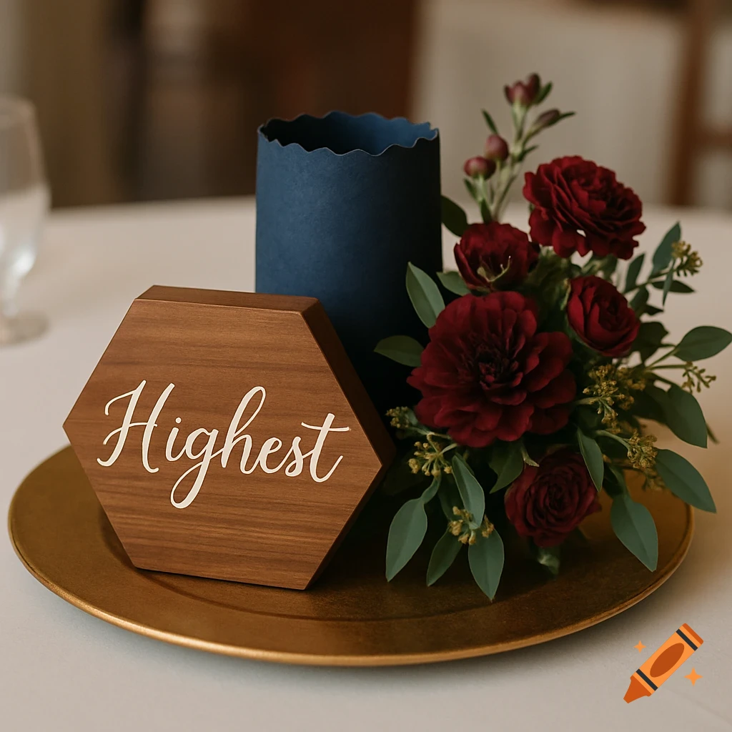 A table centerpiece featuring a wooden hexagon sign with 'Highest' in cursive, a navy vase, burgundy flowers, and greenery on a gold charger.