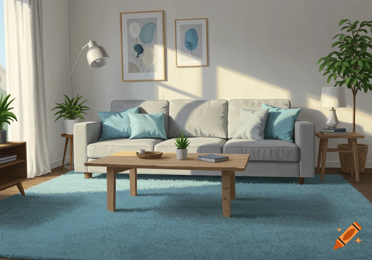 A sunny living room with a gray sofa, blue rug, and wooden coffee table, lit by sunlight.