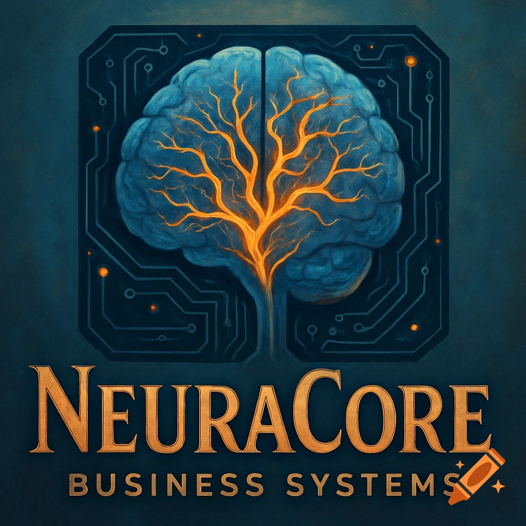 A logo featuring a blue brain with glowing orange tree branches, set on a circuit board background, with 'NEURACORE BUSINESS SYSTEMS' text.