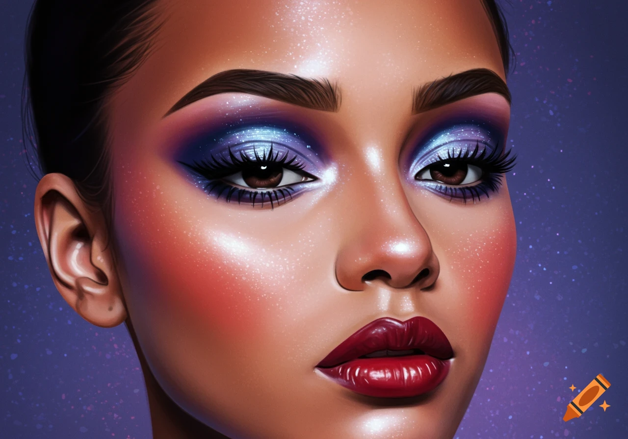 Close-up of a woman's face with vibrant blue and purple sparkly eye makeup, red lipstick, and shimmering skin, in a stylized art style.
