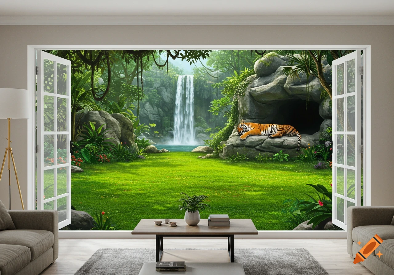 Photorealistic view of a lush jungle with a waterfall and a sleeping tiger on a rock, seen through a modern living room window.