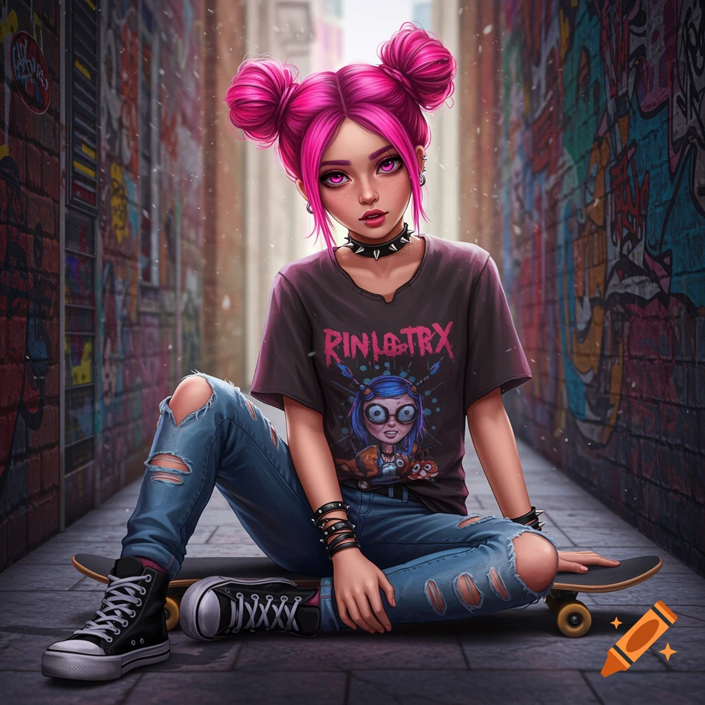 Stylized pink-haired girl in a black t-shirt and ripped jeans sits on a skateboard in a graffiti-covered alley.