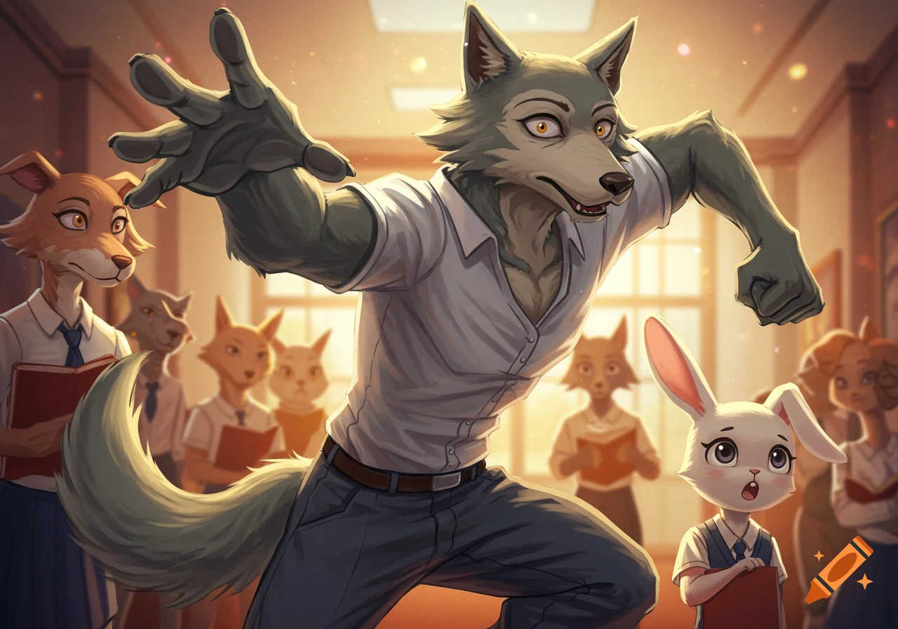 A large grey wolf in a white shirt and blue pants reaches out dramatically, with smaller anthropomorphic rabbit and fox characters in a sunlit school hallway, anime style.