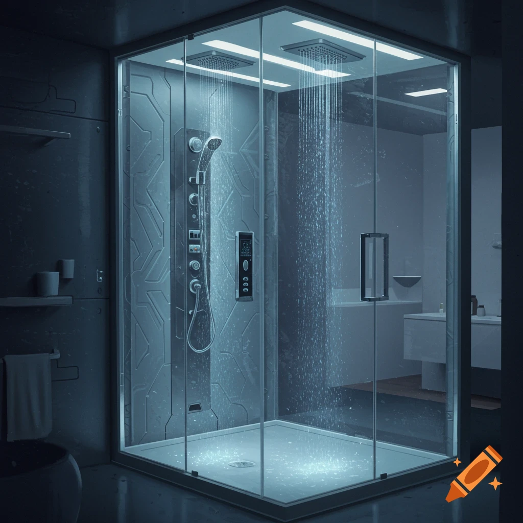 A sleek, modern futuristic shower cubicle with multiple showerheads spraying water in a dimly lit bathroom.