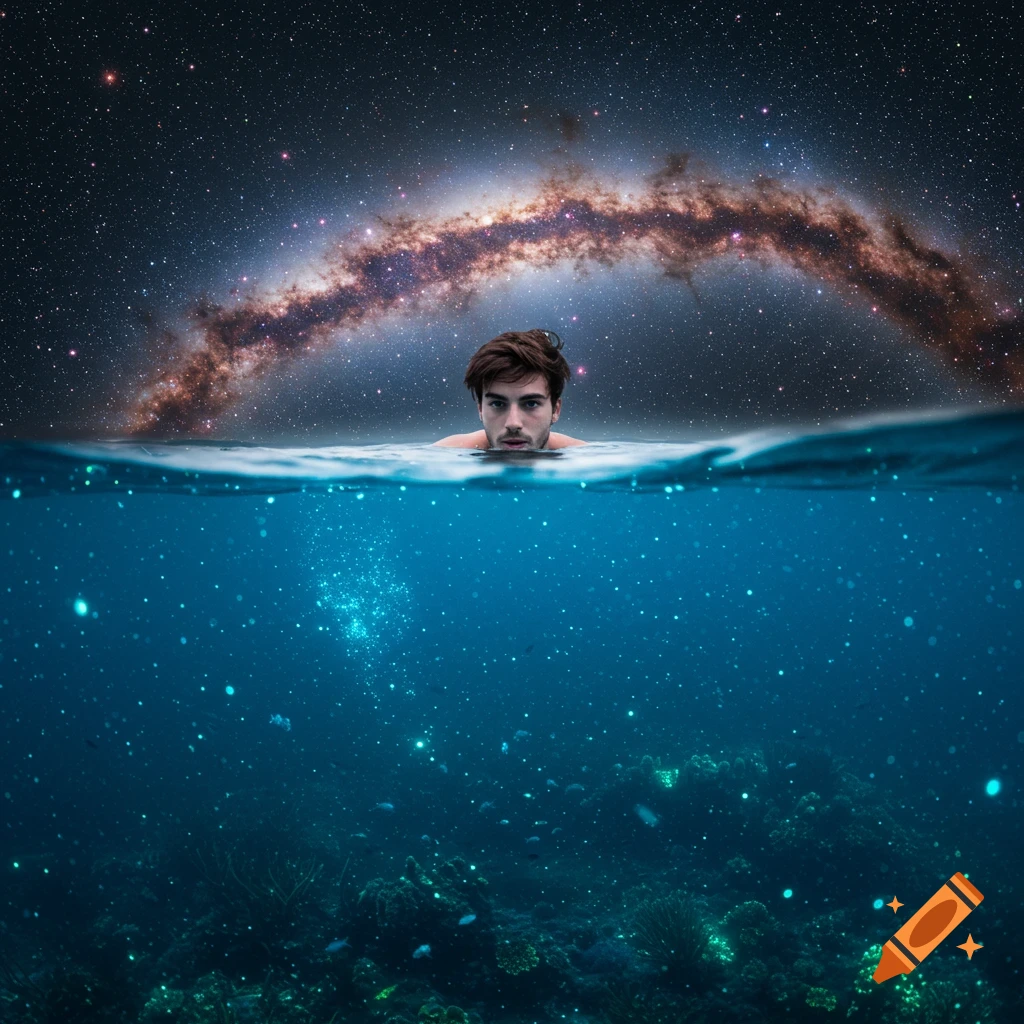 A man emerges from water, a celestial galaxy arcs above him, with stars reflected in the bioluminescent deep sea below.
