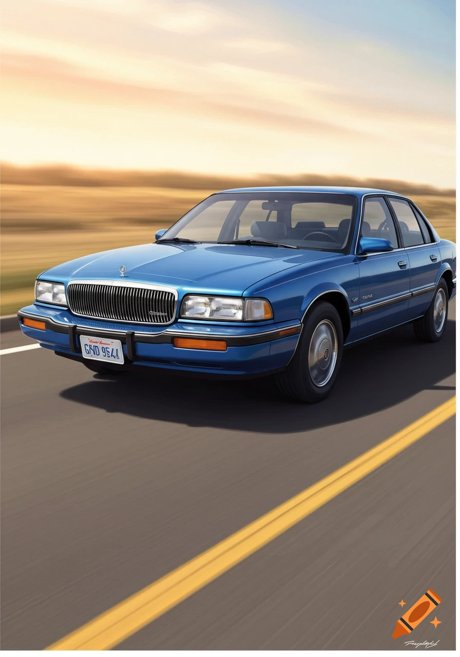 A vibrant blue 1990s Buick Century drives down a highway with a blurred background under a golden sunset.