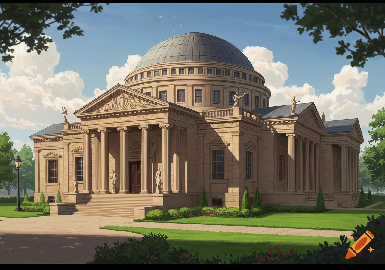 A grand classical rotunda building with a large dome, columns, and ornate details, surrounded by green lawns under a blue sky.