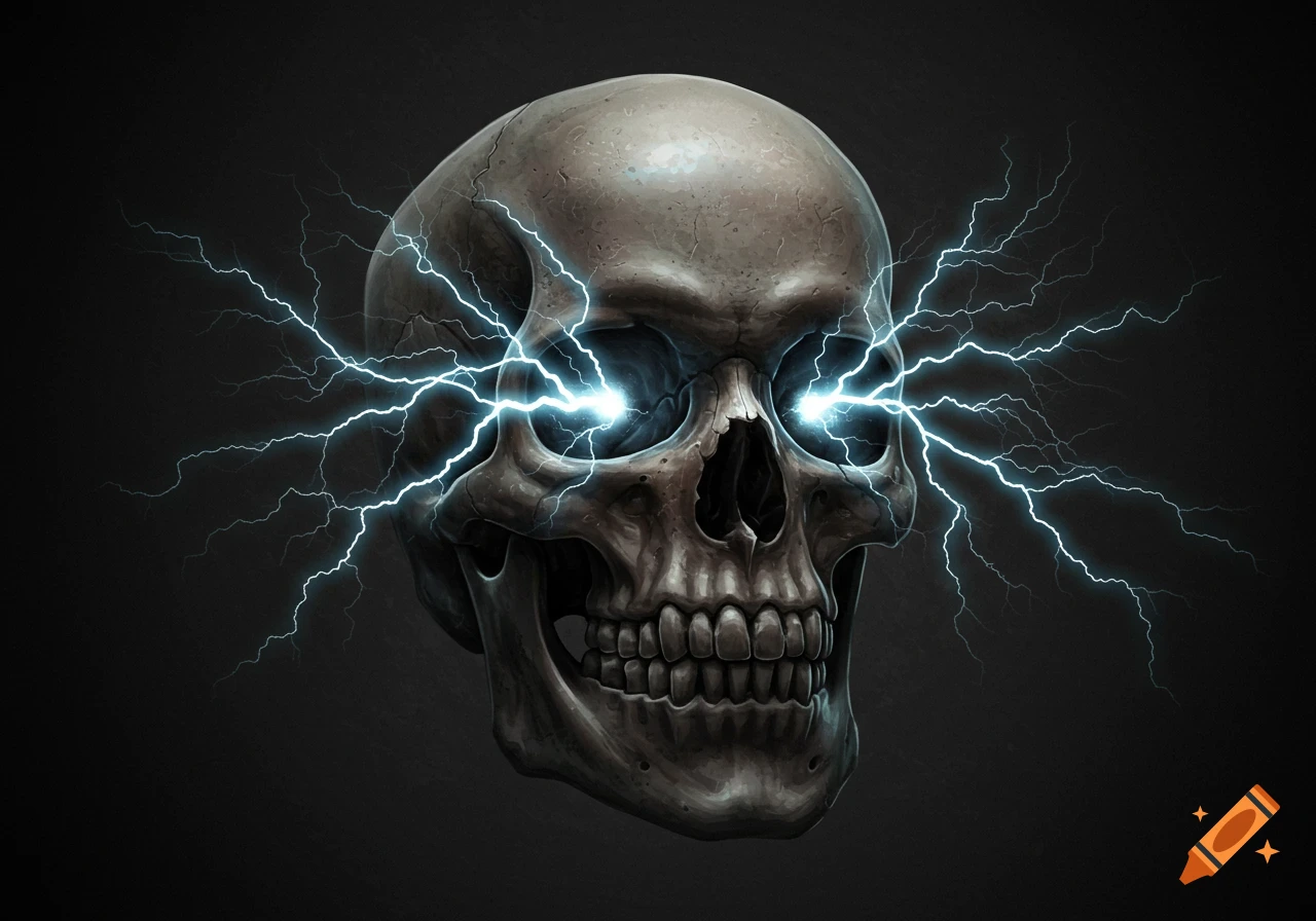 A detailed skeletal skull with bright blue lightning bolts shooting out of its eye sockets, against a dark background.