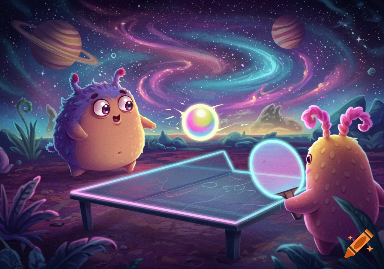 Two cute, furry alien creatures play ping pong with a glowing ball in a vibrant, starry galaxy setting with planets, in a cartoon style.