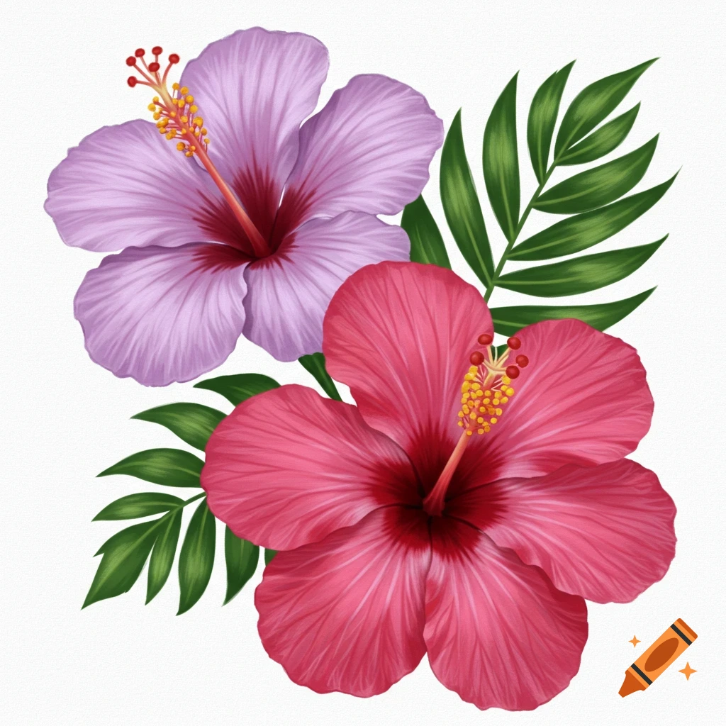 Two vibrant hibiscus flowers, one purple and one pink, with green leaves, against a white background.