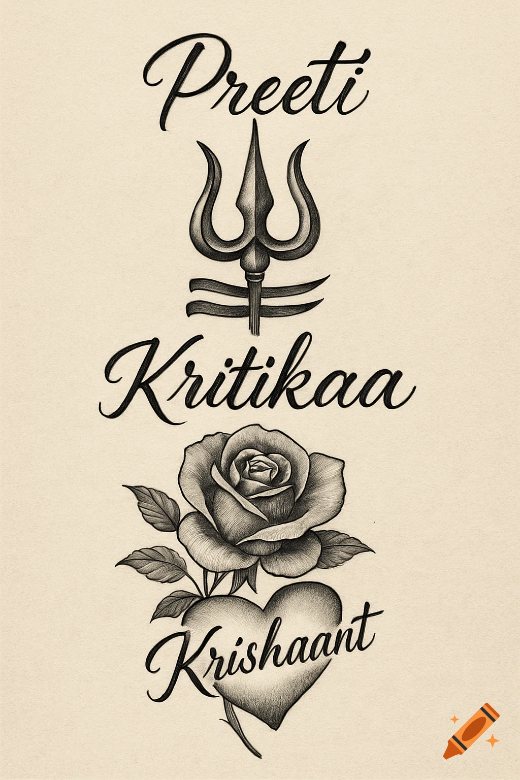 Black and white sketch tattoo design featuring names 'Preeti,' 'Kritikaa,' and 'Krishaant' with a Trishula symbol and a rose and heart.