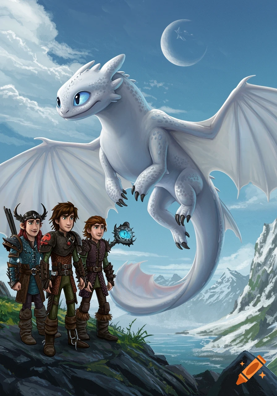 Three human characters stand on a rocky cliff beside a large white dragon with blue eyes, against a mountainous landscape and a crescent moon in a blue sky.