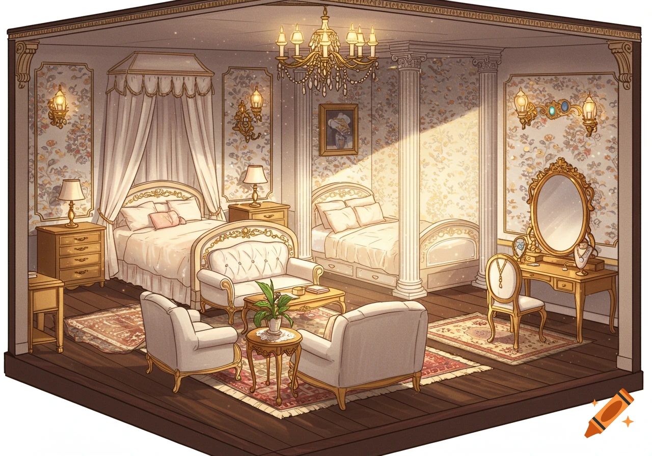 A luxurious, classical-style bedroom with two ornate beds, a sitting area, and a vanity, illuminated by sunlight.