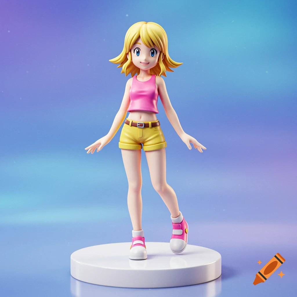 Plastic statue of Kari from Digimon Adventure 02 wearing a pink tank top and yellow shorts, standing on a white circular base.