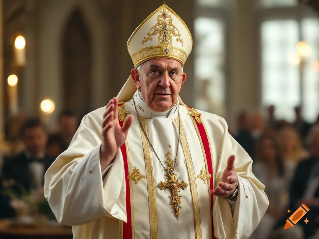 Photorealistic portrait of the Pope in ceremonial robes, speaking or blessing during a mass in a church.