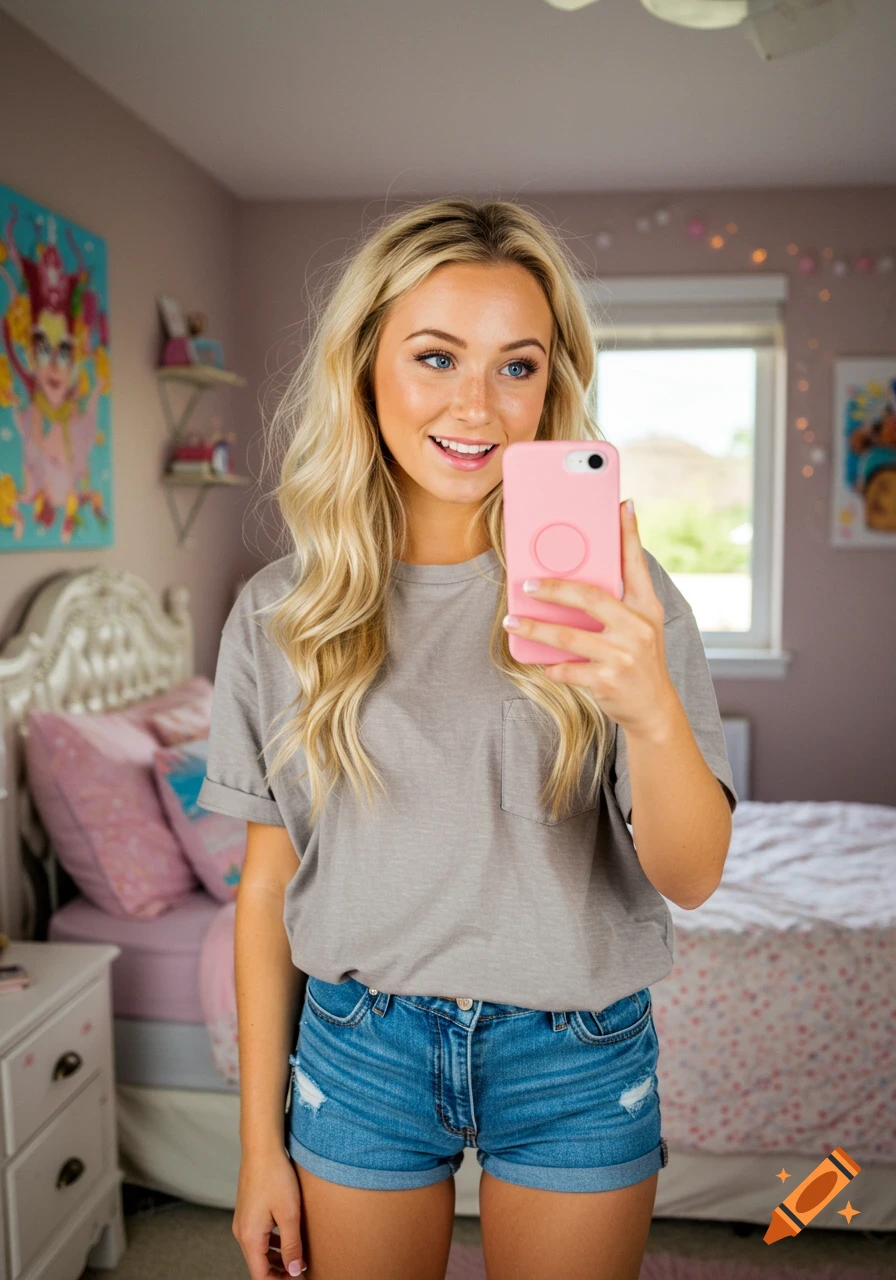A smiling blonde woman wearing a gray t-shirt and denim shorts takes a selfie with a pink phone in her bedroom.
