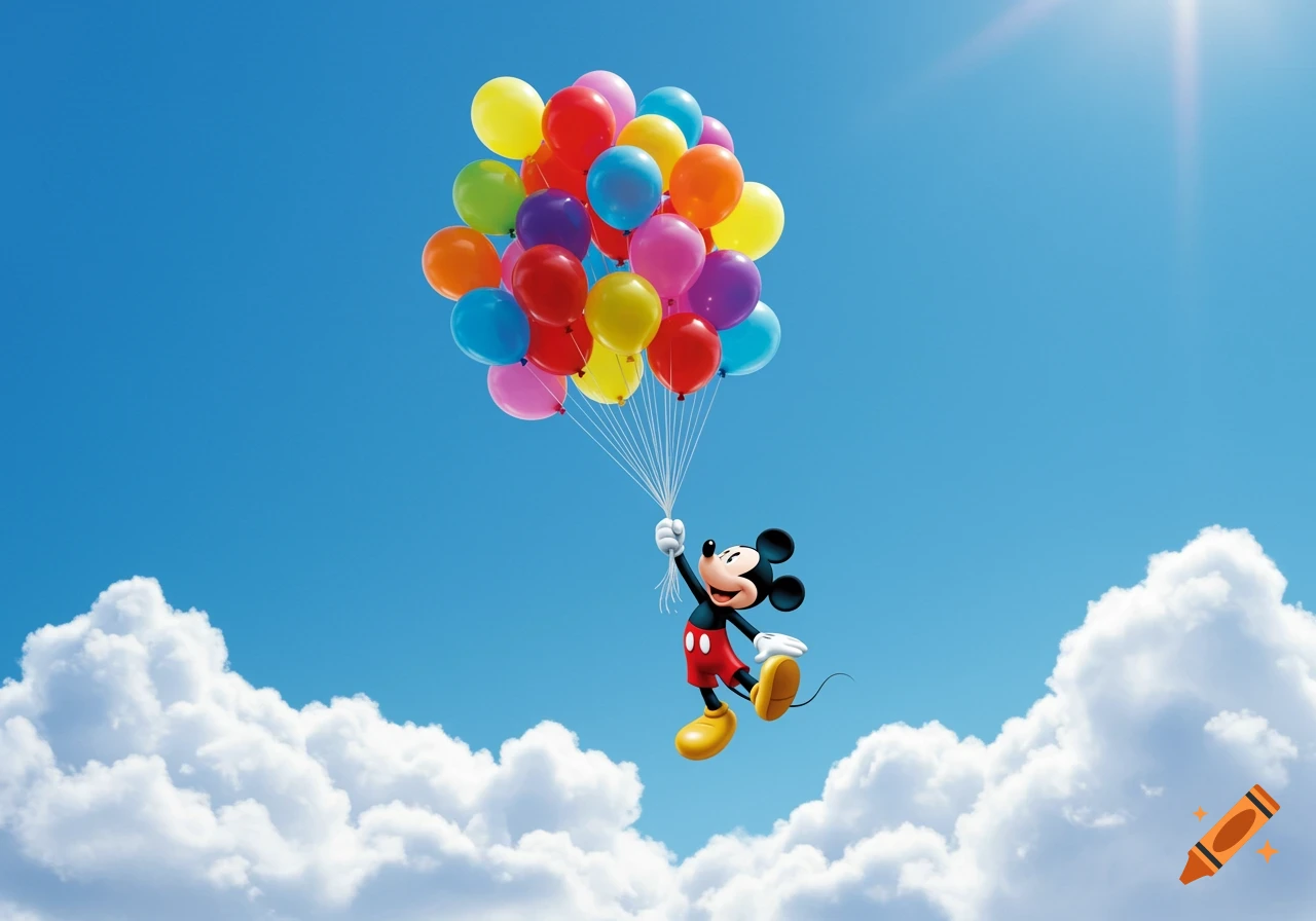Mickey Mouse floats through a blue sky holding a large bunch of colorful balloons with white clouds below.