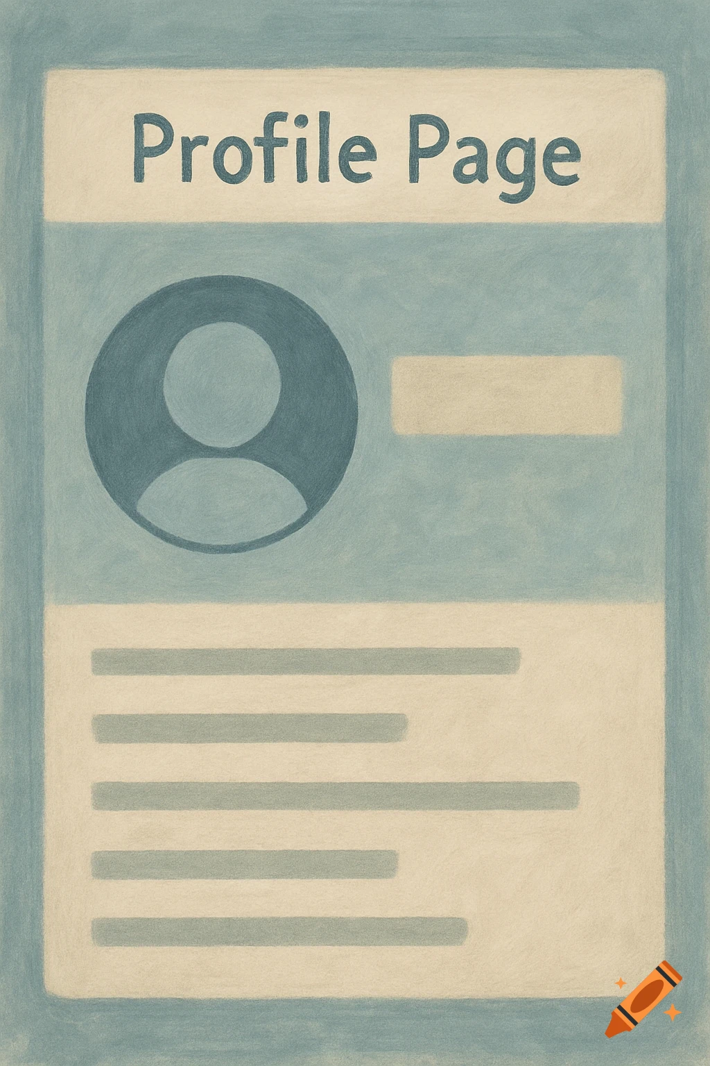 A minimalist illustration of a profile page with a user icon and text sections in a blue and beige colored pencil style.