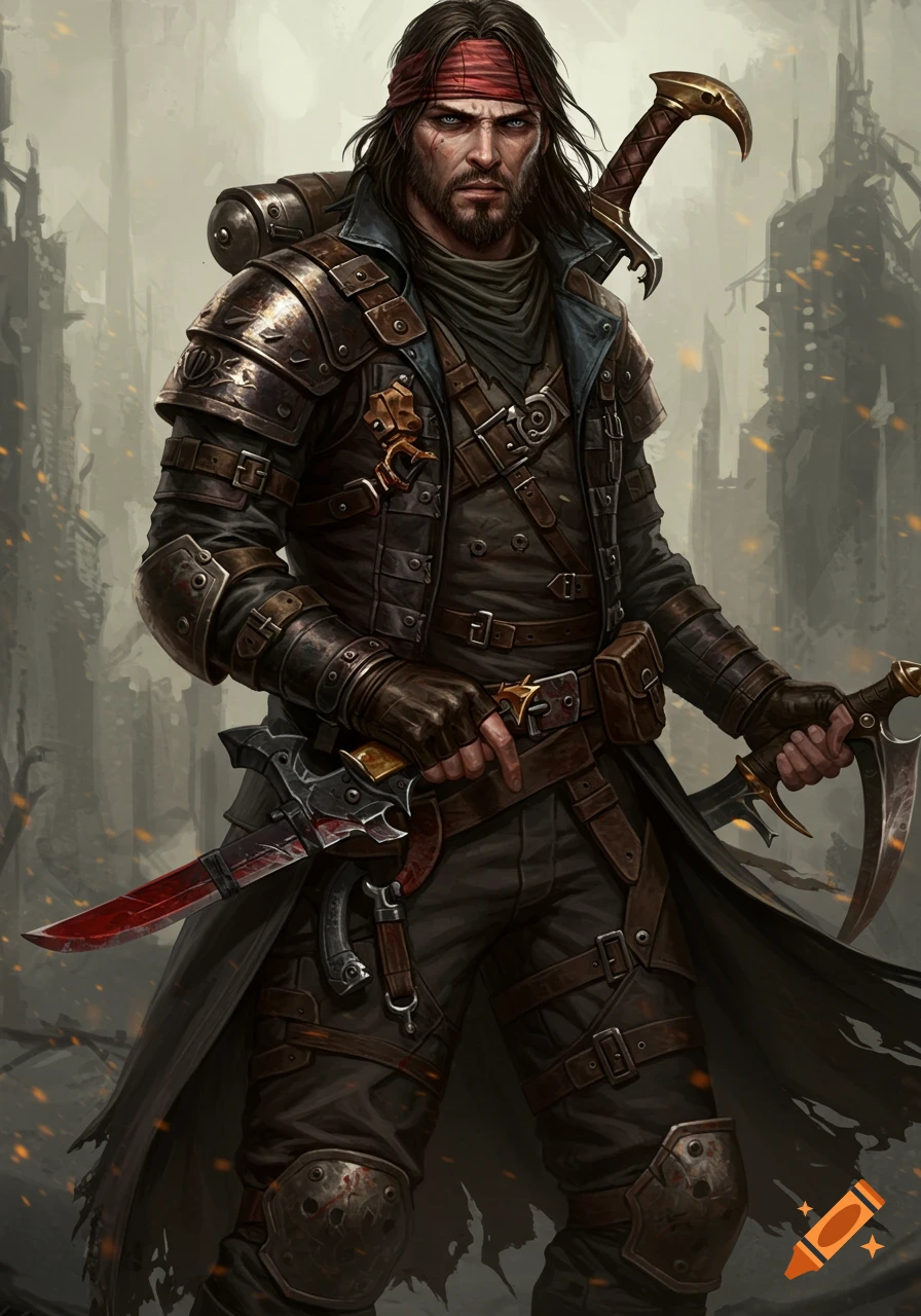 Fantasy artwork of a rogue warrior with long hair, a bandana, and beard, wearing armor and holding knives in a desolate setting.