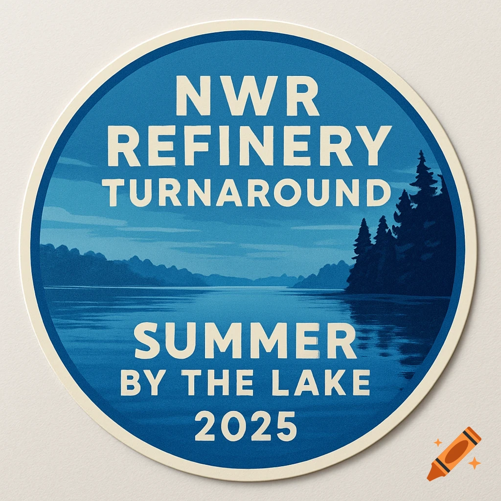 A blue circular sticker with white text 'NWR REFINERY TURNAROUND' and 'SUMMER BY THE LAKE 2025' over a stylized lake and mountain landscape.