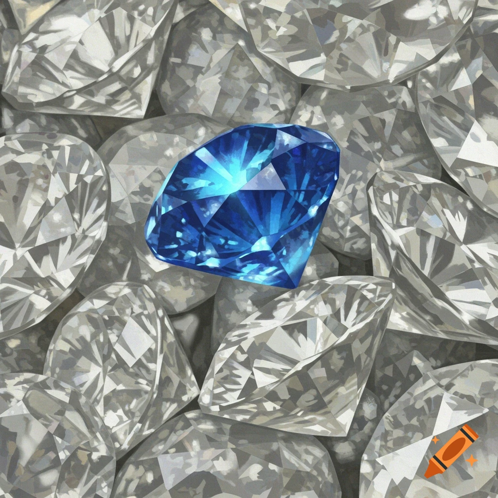 A pile of clear diamonds, with one prominent, bright blue diamond in the center.