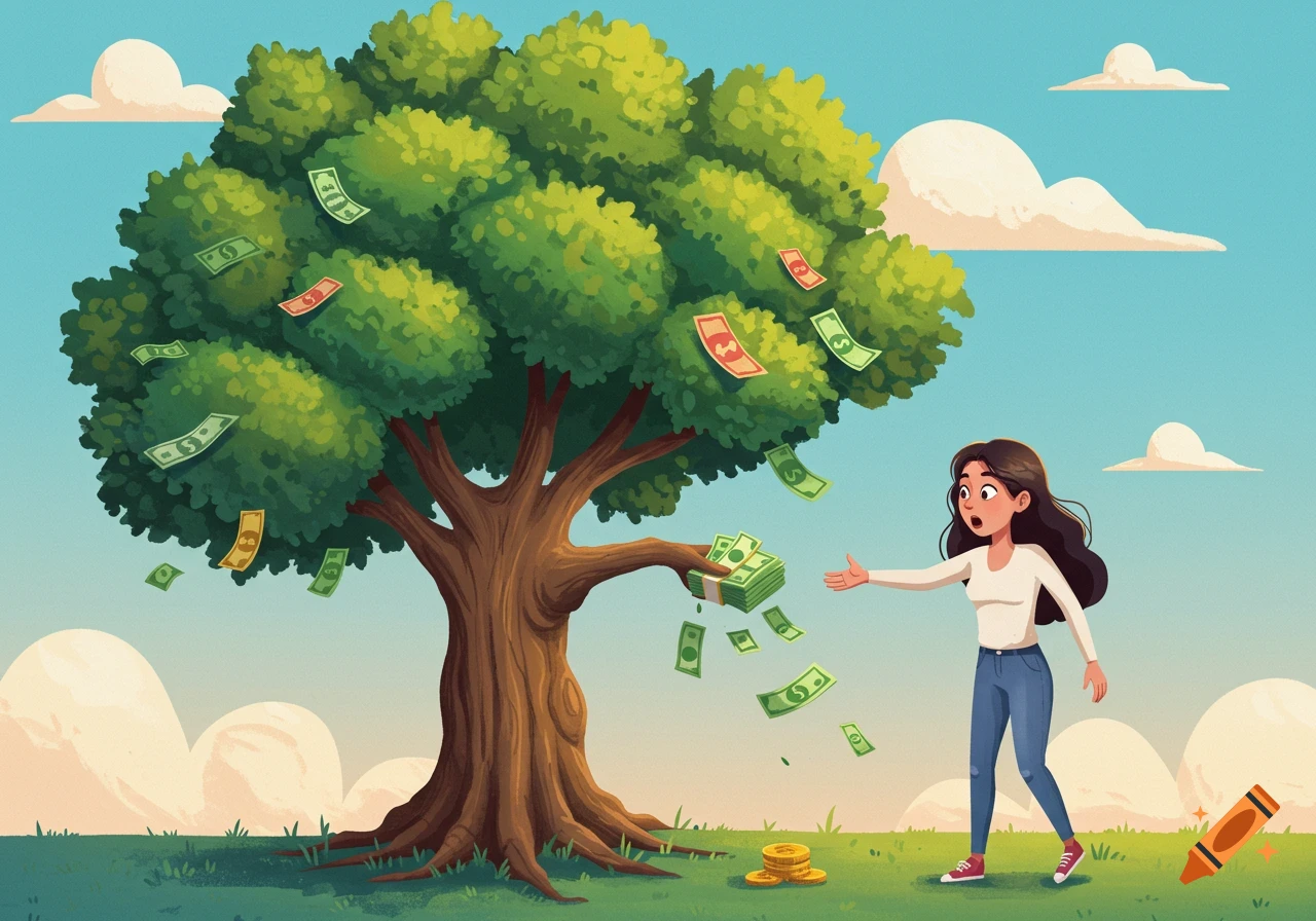 A cartoon illustration shows a woman reaching towards a tree with money growing on its branches, some banknotes falling to the ground.