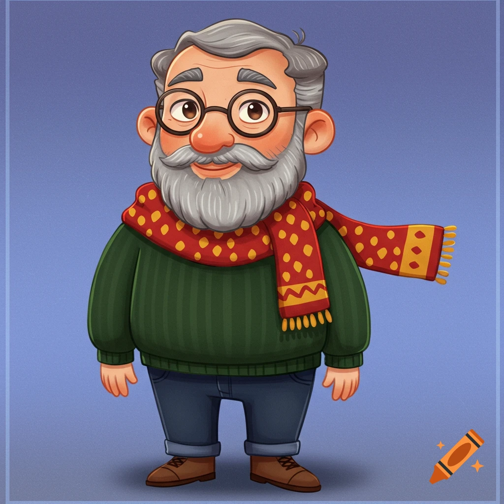 A friendly cartoon avatar of an older man with grey hair and beard, wearing glasses, a green sweater, and a red polka-dot scarf.