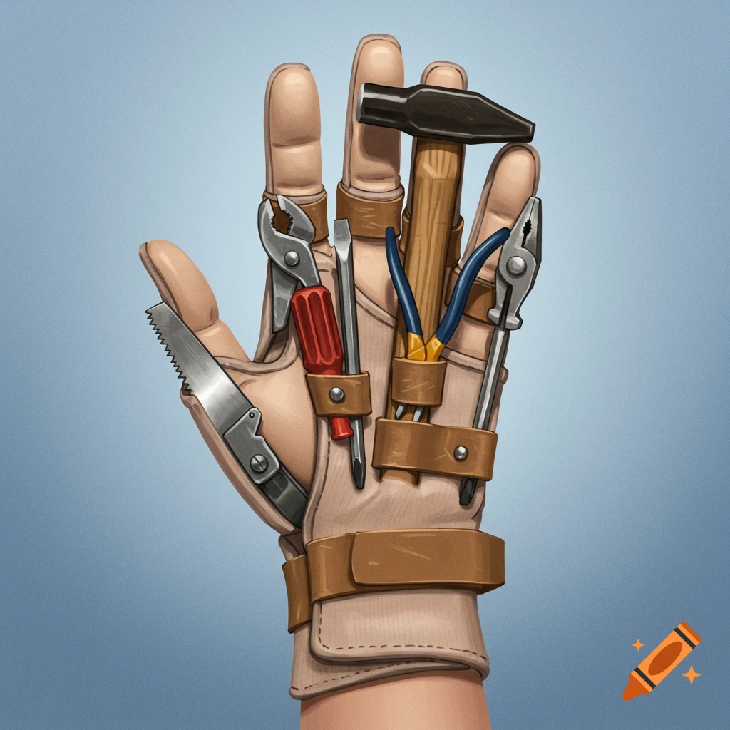 A detailed illustration of a human hand resembling a splint or glove, with various tools like a hammer, pliers, screwdriver, and saw attached to the fingers and palm.