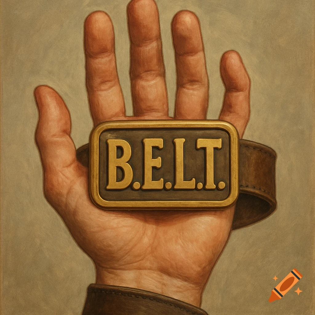 A close-up painting of an open hand holding a rectangular brass belt buckle with the word B.E.L.T. embossed on it.