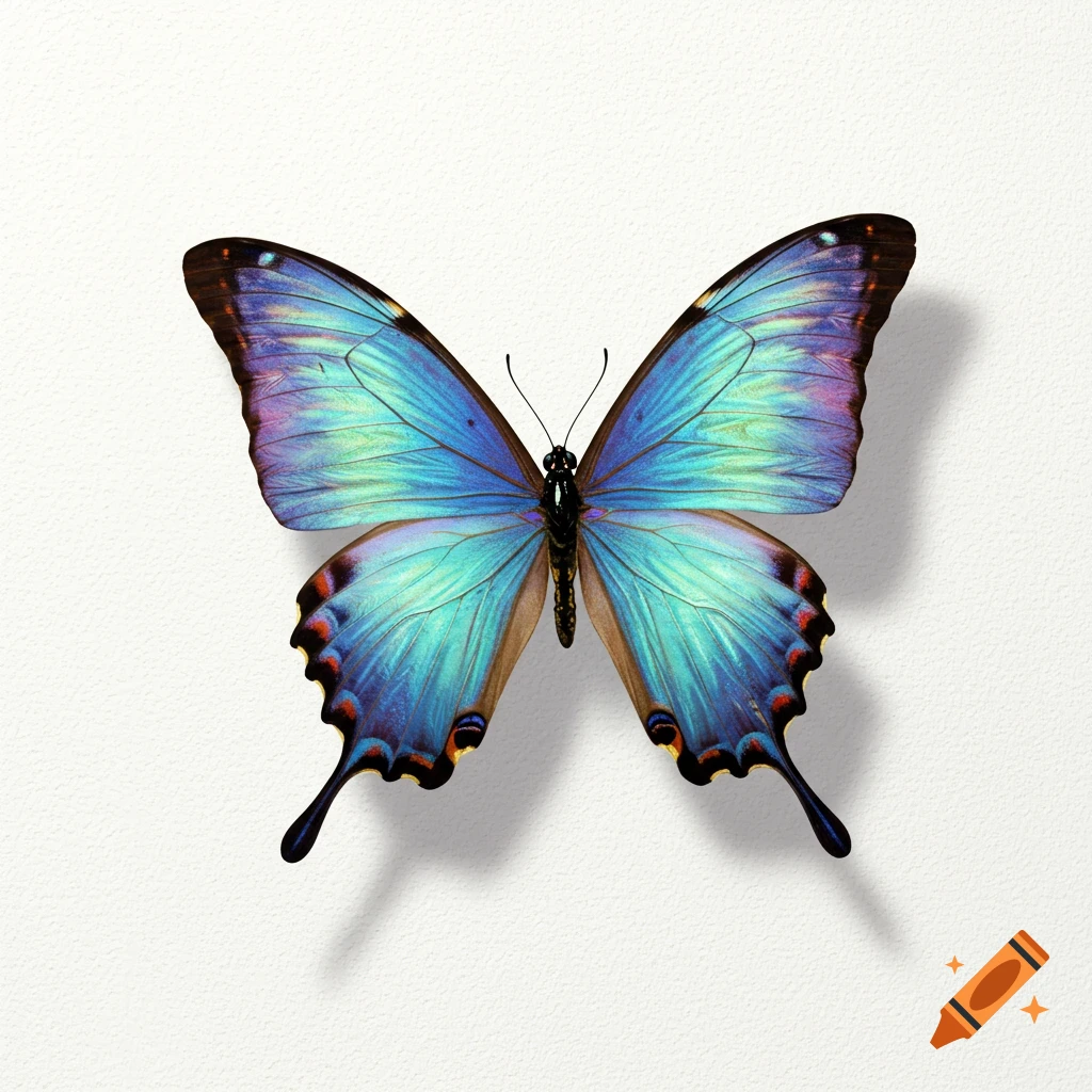 A beautiful blue and purple butterfly with iridescent wings spread wide, casting a shadow on a plain white background.