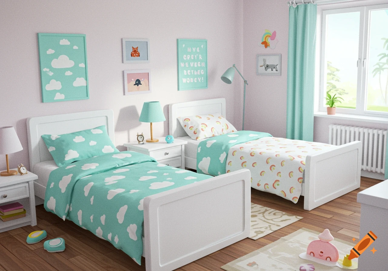 A bright children's bedroom with two white twin beds, one featuring a turquoise cloud comforter and the other a white rainbow comforter.