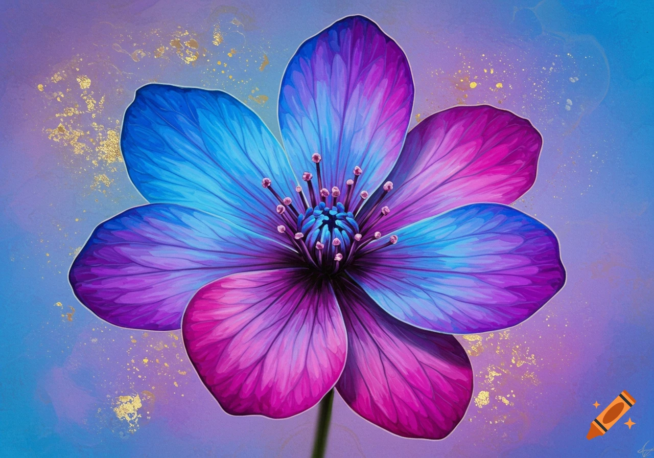 A vibrant digital painting of a six-petaled flower with petals gradient from blue to purple to pink, on a purple and blue background with gold flecks.
