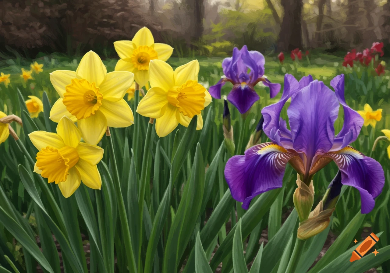 A close-up painting of bright yellow daffodils and vibrant purple irises in a garden.