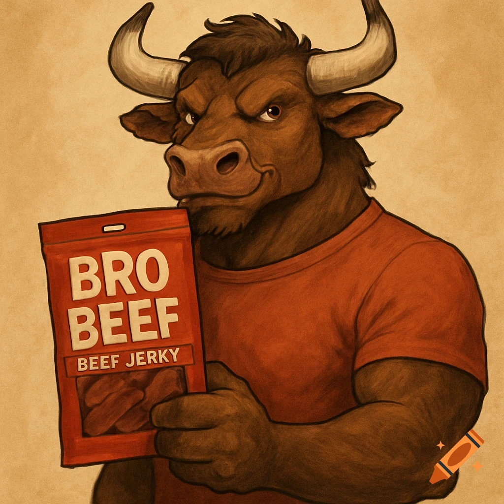 A muscular humanoid bull in a red shirt holds a red packet of "Bro Beef" beef jerky.