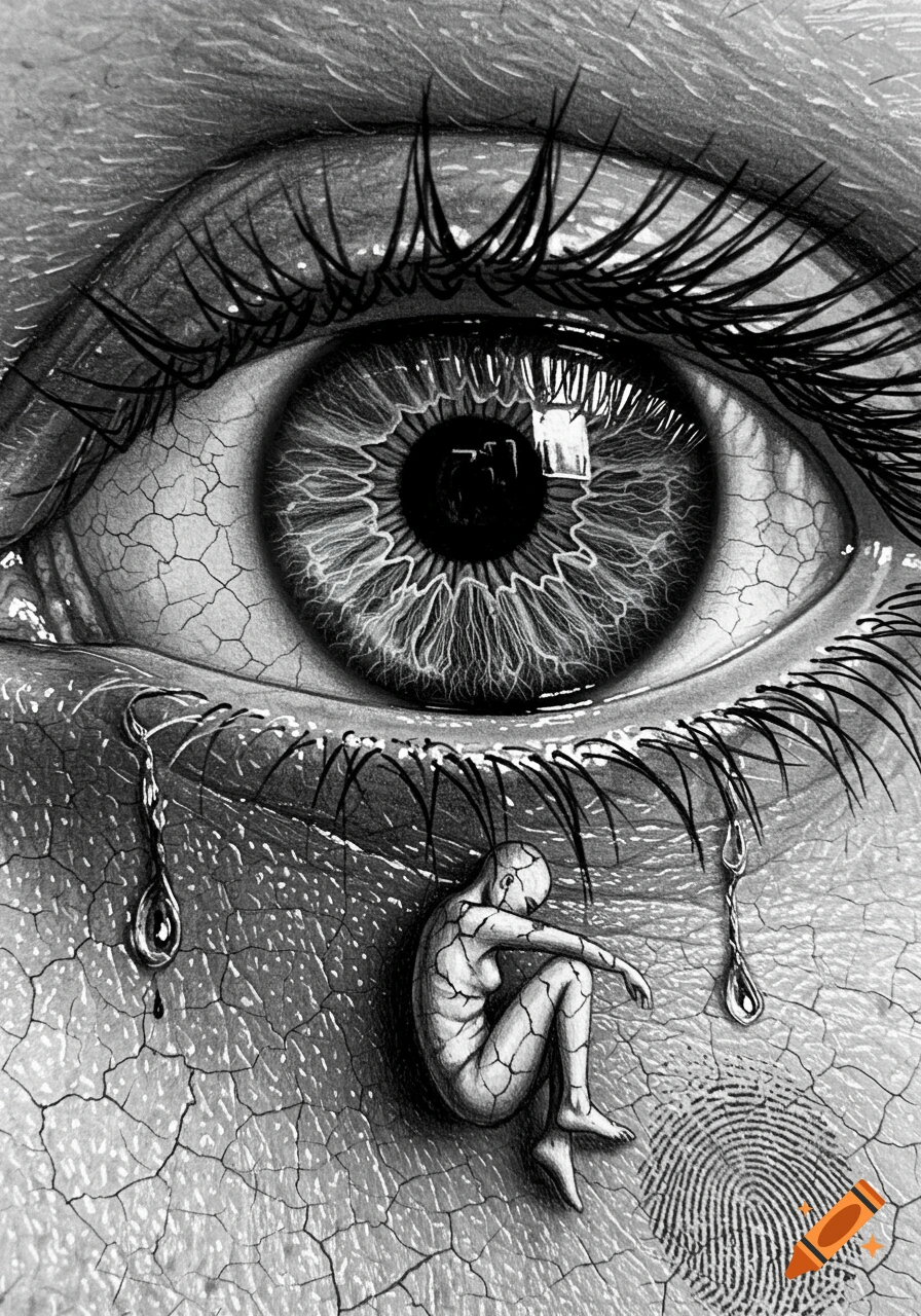 Detailed monochrome drawing of a cracked eye with a small, fragmented figure curled up below it, tears forming broken elements.