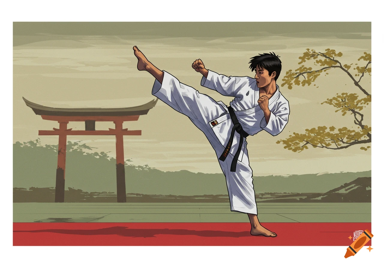 An anime-style illustration of a man in a white gi and black belt performing a high kick in front of a red torii gate.