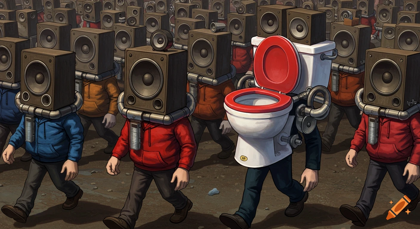 A crowd of people with large speakers for heads walk down a street, with one figure having a toilet for a head with a red seat, in a stylized digital art style.