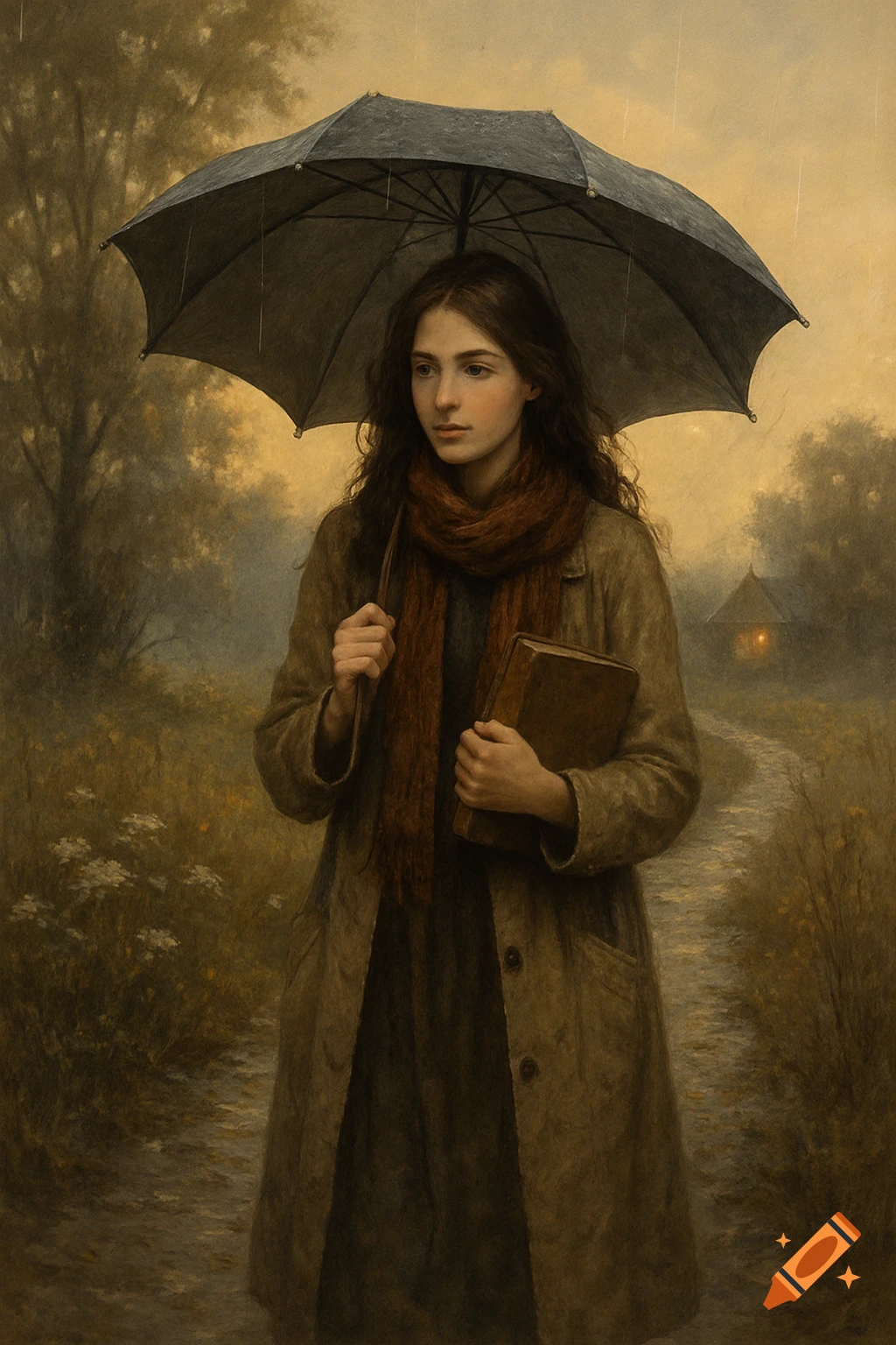 A young woman with an umbrella and a book walks on a path in a rainy, painterly landscape.