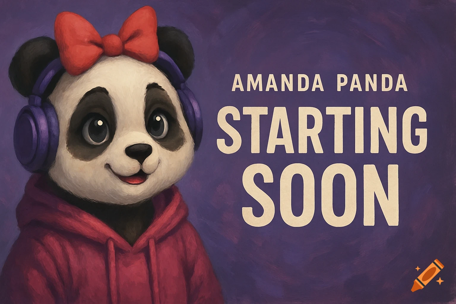 Cartoon panda with purple headphones and red bow next to 'AMANDA PANDA STARTING SOON' text on purple background.