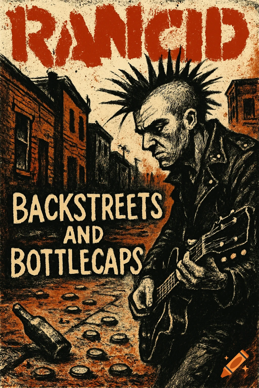 A gritty, textured illustration of a punk rocker with a mohawk playing guitar on a street with a fallen bottle and bottle caps. Text reads 'RANCID' and 'BACKSTREETS AND BOTTLECAPS'.