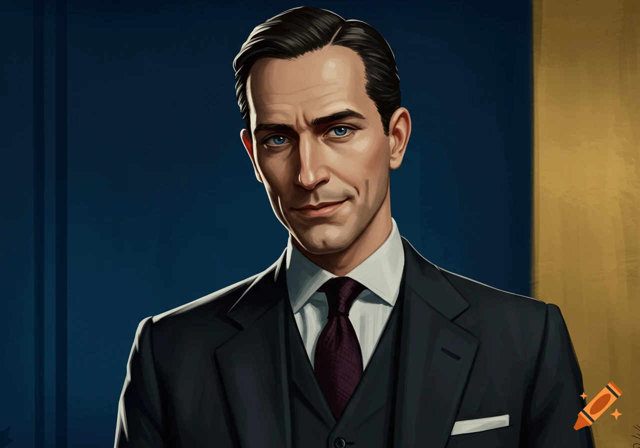 A digitally painted portrait of a man in a dark suit and purple tie, looking forward with blue eyes and a slight smirk.